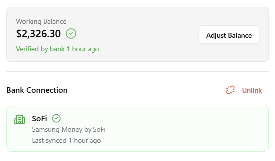 Bank sync feature showing connected accounts and automatic transaction import