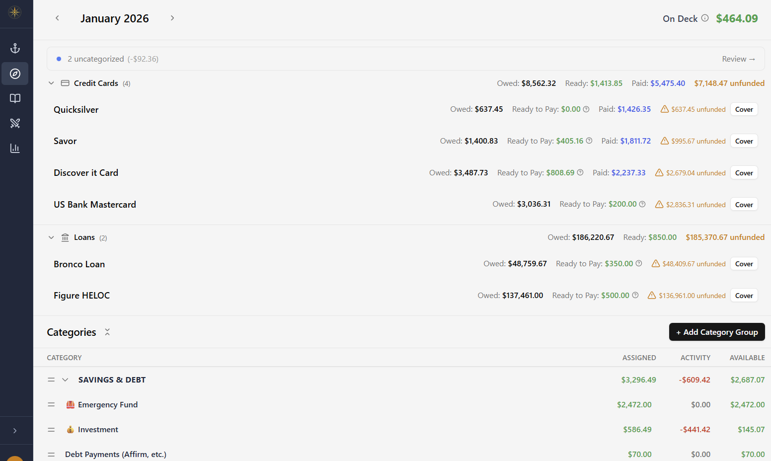 Budget categories view showing envelope-style budgeting with category groups