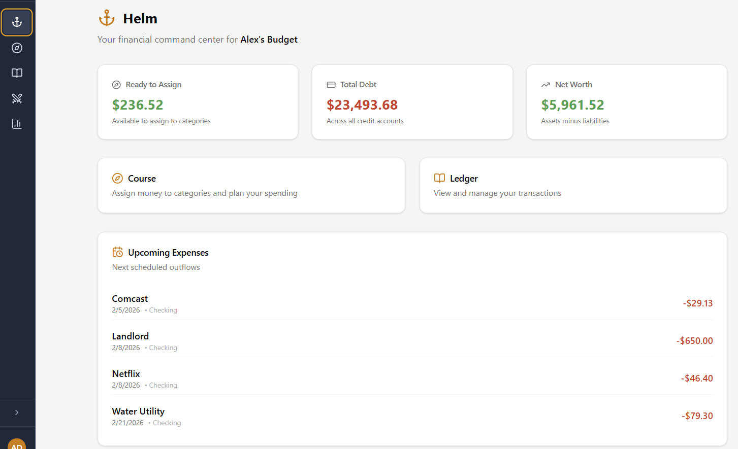 Meridian dashboard showing budget overview with account balances and category assignments